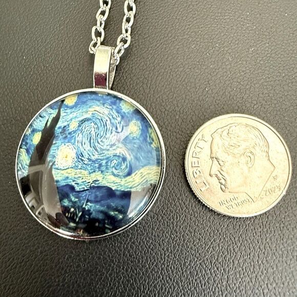 Starry Night Pendant Necklace – Van Gogh Art on 19.5” Silver Tone Chain - Picture 7 of 7